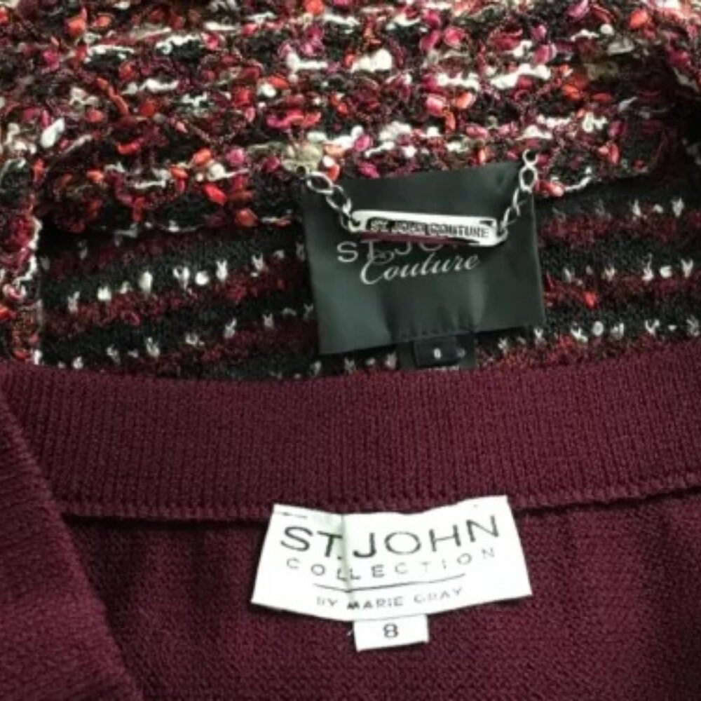 BEAUTIFUL St John couture knit red pink black multi Rhinestones skirt suit 8 - Picture 9 of 9